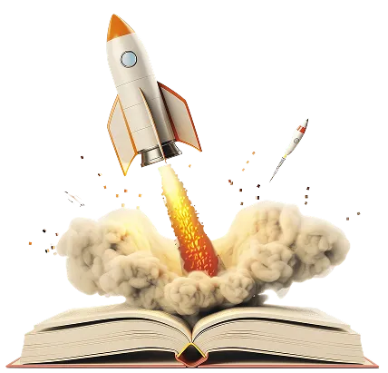 A rocket launches from the pages of an open book, symbolizing imagination and exploration.