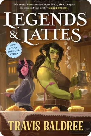 Cover of Legends & Lattes, featuring a cozy coffee shop scene with fantasy elements and whimsical illustrations.