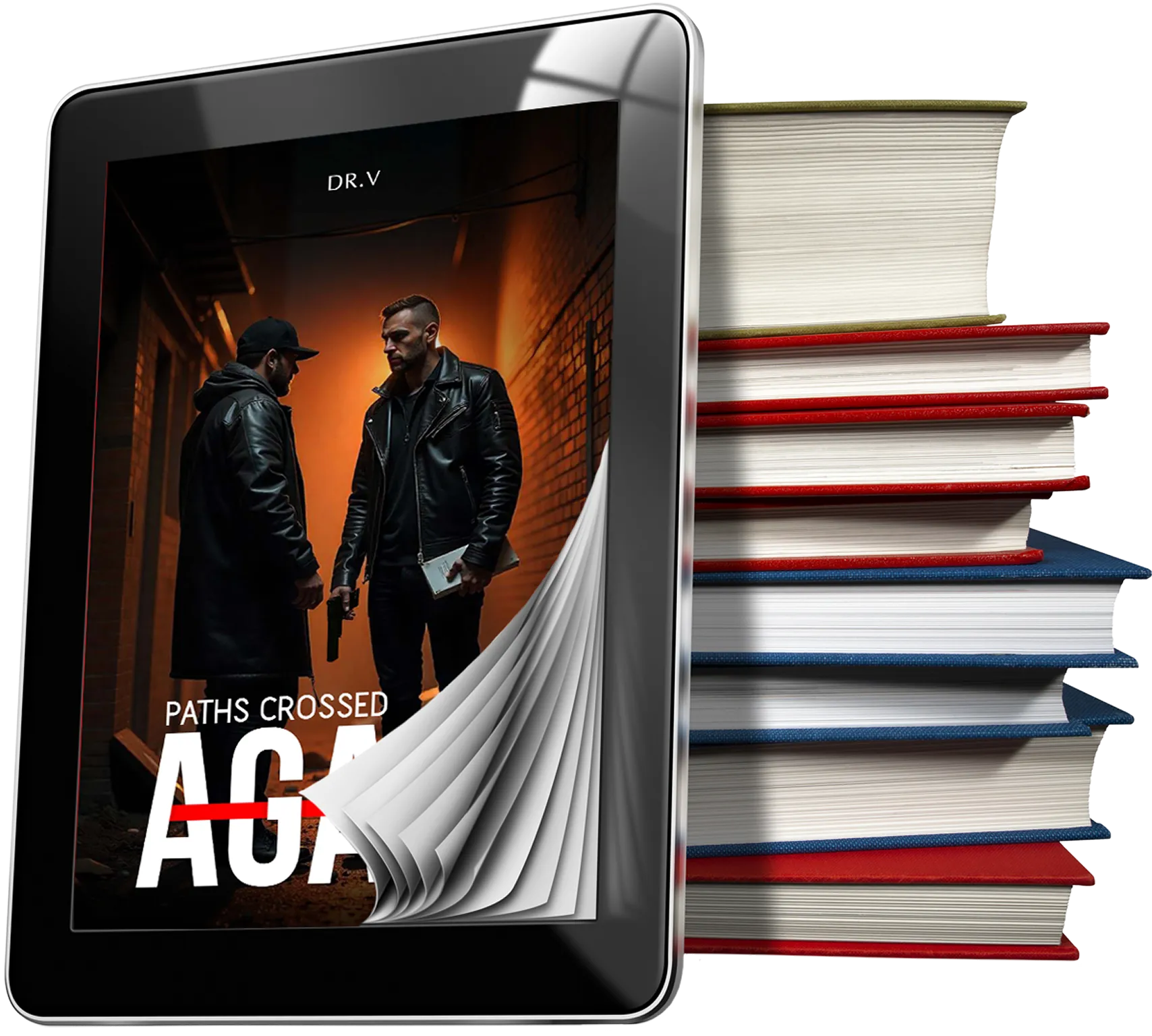 A book rests beside a tablet and a stack of additional books on a wooden surface.