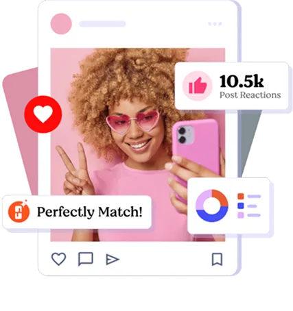 A woman with pink hair holds her phone displaying the words perfectly match in a bright, cheerful setting.