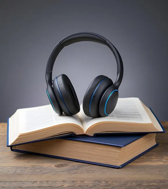 Headphones resting on a stack of books atop a wooden table, creating a cozy study atmosphere.