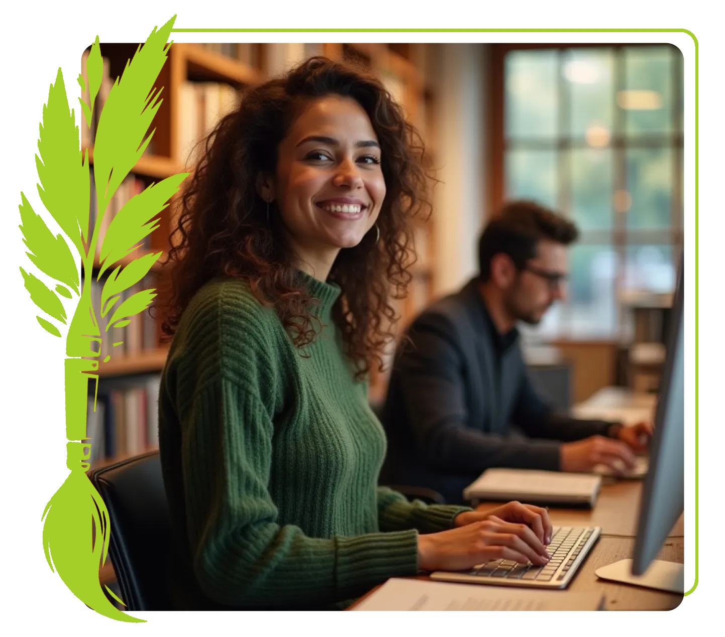 A woman works on her computer, focused, with a bookshelf filled with books in the background.